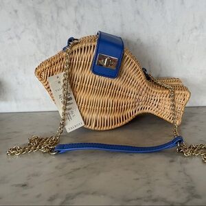 TALBOTS Fish Rattan Leather Blue and Tan Woven Crossbody Bag
